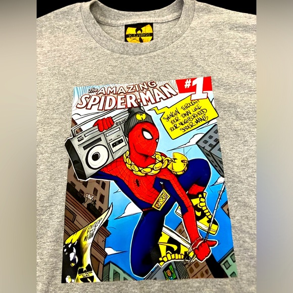 Gray Wu-Tang Spiderman Collab, Protect Ya Neck Lyrics Comic Tee - Picture 1 of 4